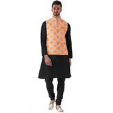 Orange Jacquard Printed Full-Sleeve Men's Waistcoat with Mandarin Collar, button closure